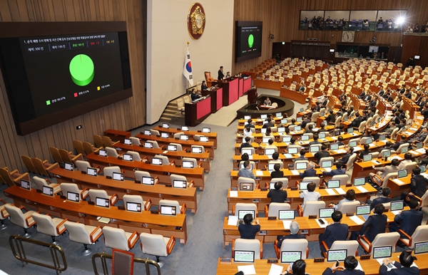 ▲ At the plenary session held at the National Assembly in Seoul on the afternoon of the 4th, a bill regarding the appointment of a special prosecutor to uncover the truth about obstruction of the investigation of Marines who died in the line of duty and concealment of incidents is being passed. (Photo/provided by Yonhap News)